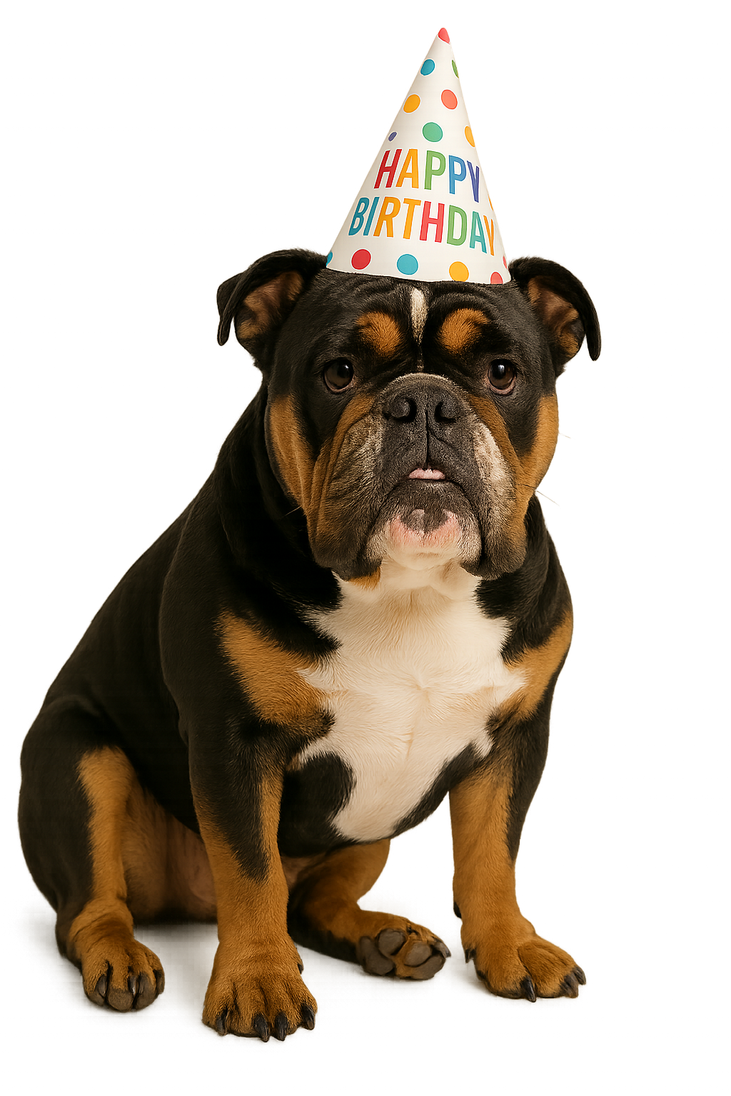 Tootsie, SafeMoney’s English Bulldog mascot, wearing a Happy Birthday hat.