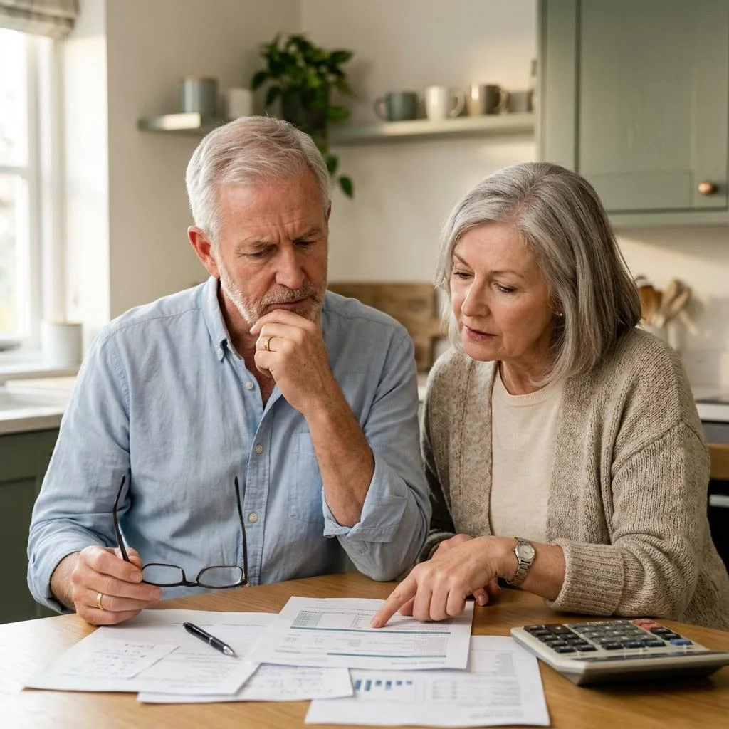 A retirement-age couple looking concerned as they review financial paperwork together.