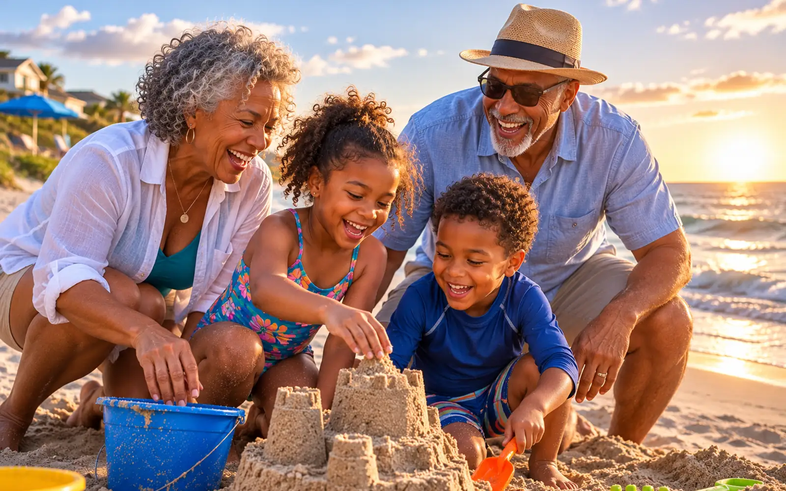 Grandparents building a sandcastle with their grandchildren at the beach.