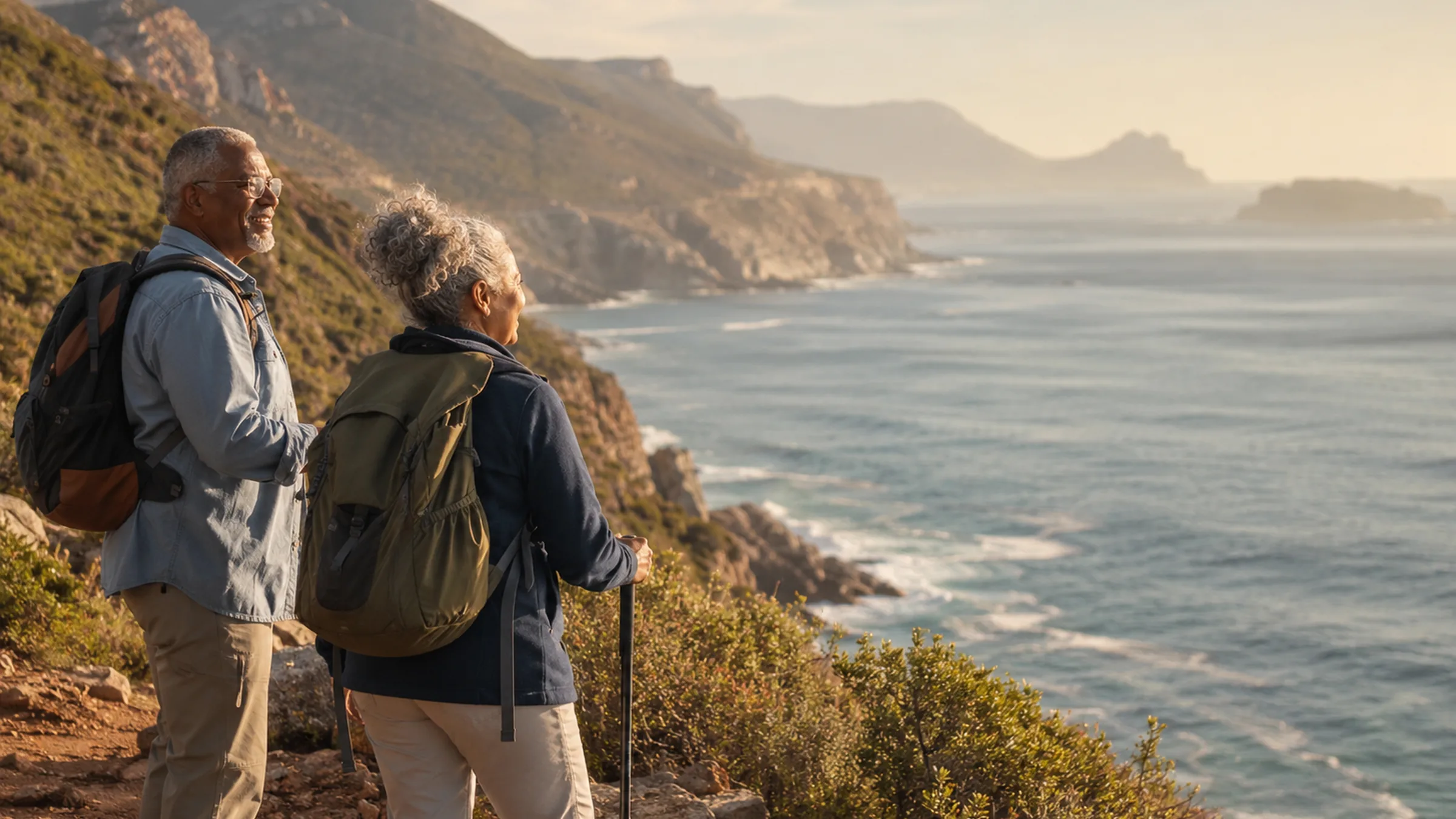 A retired couple with backpacks pauses on a coastal hiking trail, looking out over rugged cliffs and the ocean in soft morning light