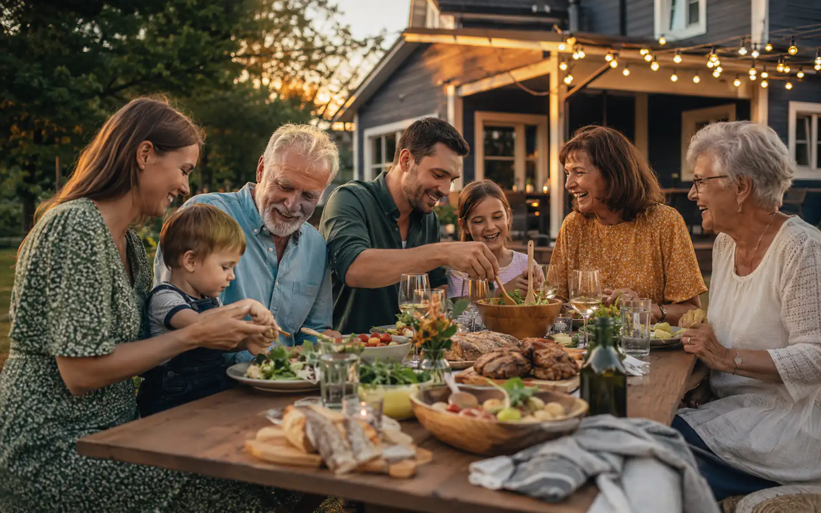 Multigenerational family sharing dinner together in a backyard at sunset.