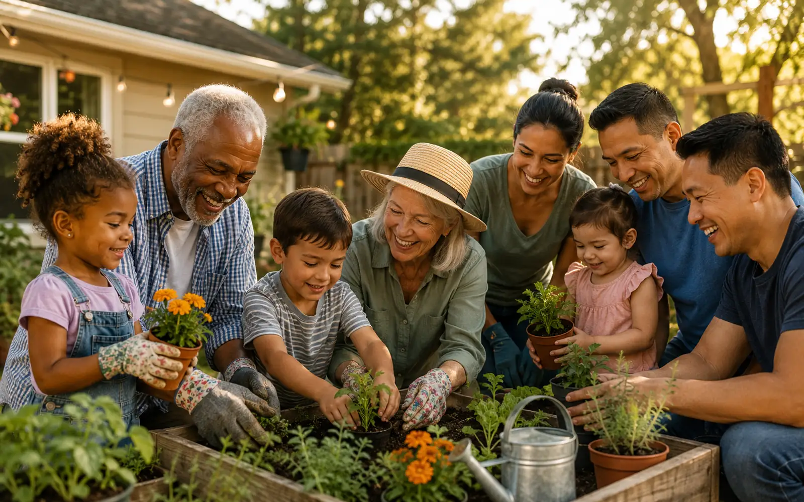 Grandparents, parents and grandchildren gardening together in a backyard.