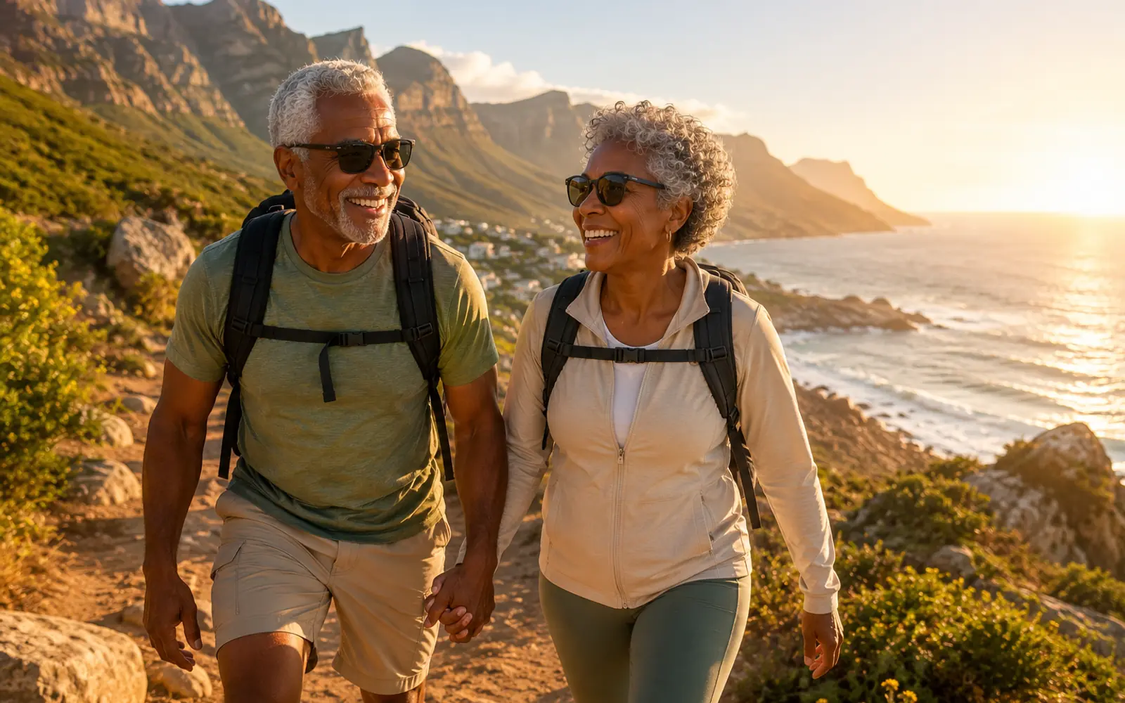 Older couple hiking together along a coastal trail at sunset.