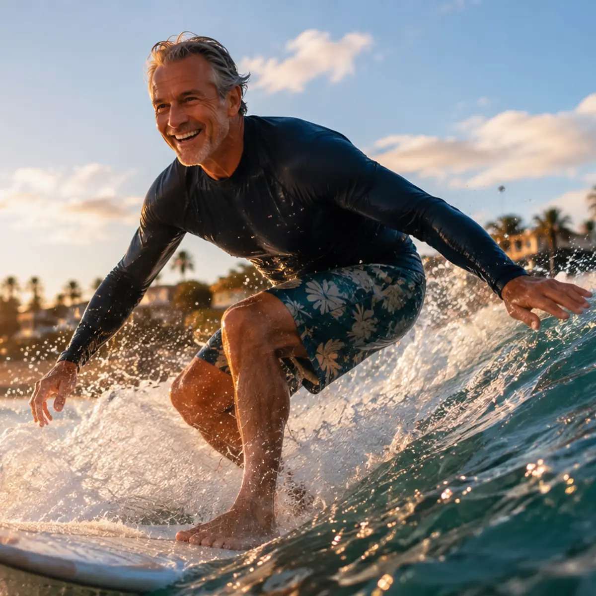 Older surfer riding a wave near the coast at sunset.