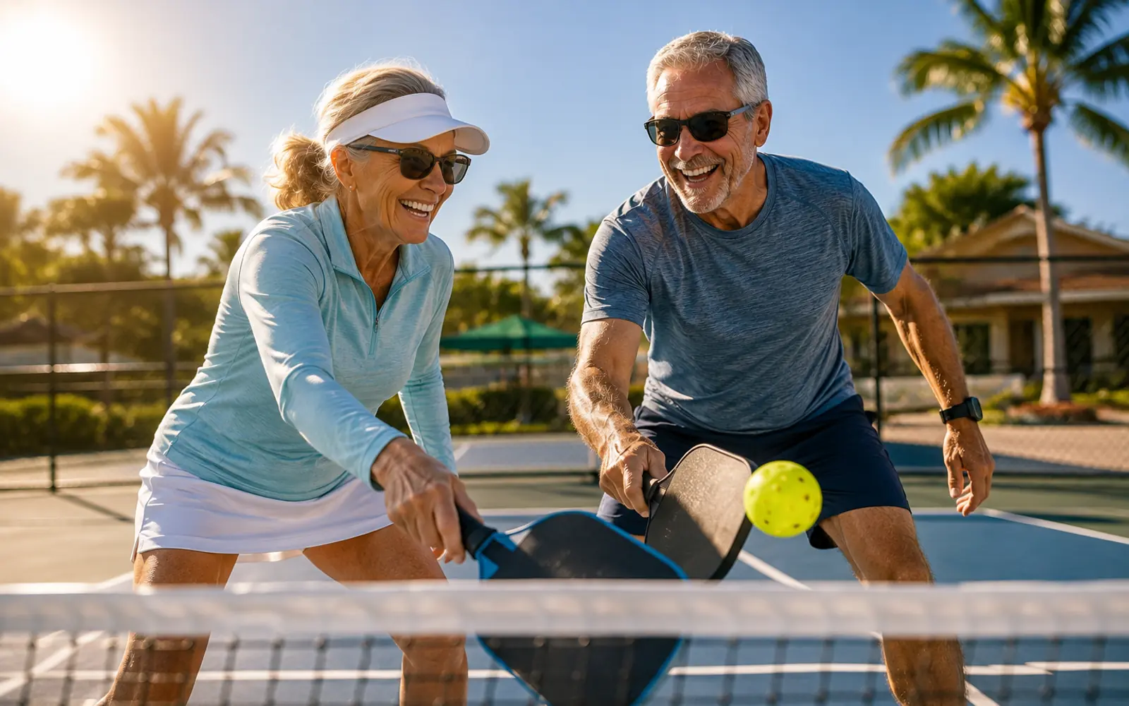 Retired couple laughing during a pickleball game at the net on a sunny outdoor court.