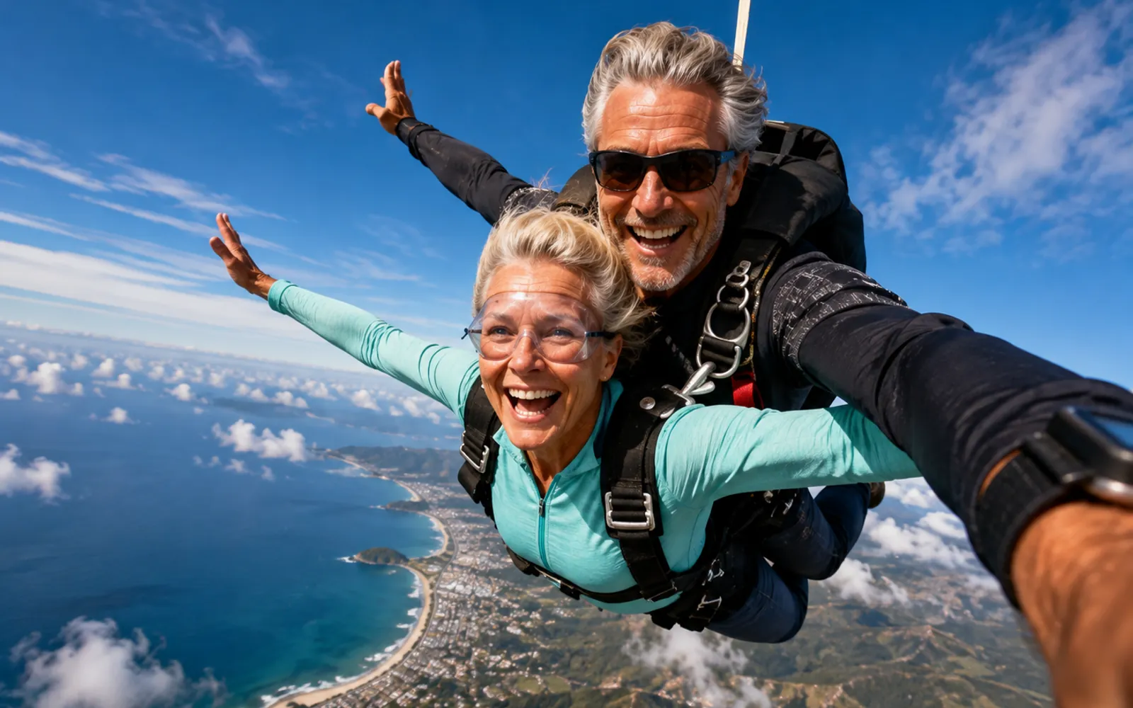 Smiling retired couple in freefall while skydiving high above a coastal town.